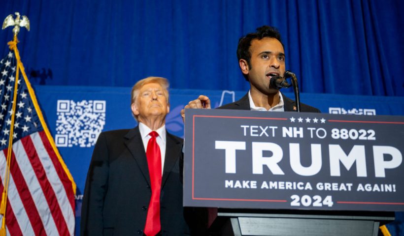 ATKINSON, NEW HAMPSHIRE - JANUARY 16: U.S. entrepreneur Vivek Ramaswamy endorses Republican presidential candidate, former U.S. President Donald Trump during a campaign rally at the Atkinson Country Club on January 16, 2024 in Atkinson, New Hampshire. Trump won this week's Iowa caucus, solidifying him as the lead Republican nominee in the first balloting of 2024. The former U.S. President heads to Atkinson, New Hampshire today as he continues campaigning during the primary election. (Photo by Brandon Bell/Getty Images)