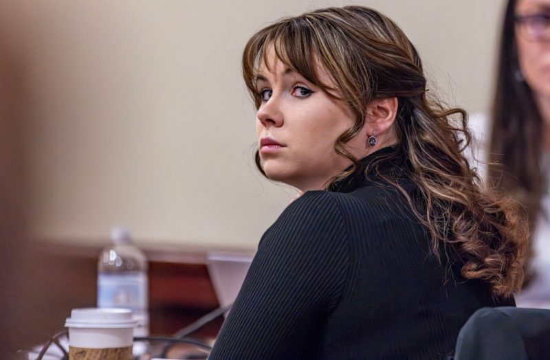 SANTA FE, NEW MEXICO - MARCH 06: Hannah Gutierrez-Reed, former armorer for the movie "Rust," listens to closing arguments in her trial at district court on March 6, 2024 in Santa Fe, New Mexico. Gutierrez-Reed, who was working as the armorer on the movie "Rust" when a revolver actor Alec Baldwin was holding fired, killing cinematographer Halyna Hutchins and wounding the film's director Joel Souza, was found guilty of involuntary manslaughter but acquitted on charges of tampering with evidence. She could face up to 18 months in prison. (Photo by Luis Sánchez Saturno - Pool/Getty Images)