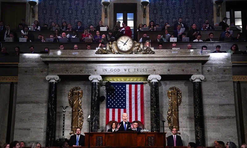 WASHINGTON, DC - MARCH 7: U.S. President Joe Biden delivers the annual State of the Union address before a joint session of Congress in the House chamber at the Capital building on March 7, 2024 in Washington, DC. This is Biden's final address before the November general election. (Photo by Shawn Thew-Pool/Getty Images)