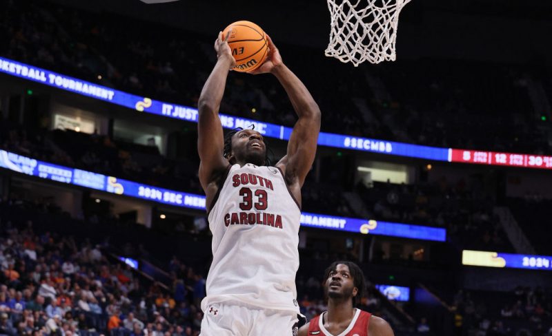 Josh Gray #33 of the South Carolina Gamecocks shoots the ball against the Arkansas Razorbacks in the second half during the second round of the SEC Basketball Tournament at Bridgestone Arena on March 14, 2024 in Nashville, Tennessee. (Ph oto by Andy Lyons/Getty Images)
