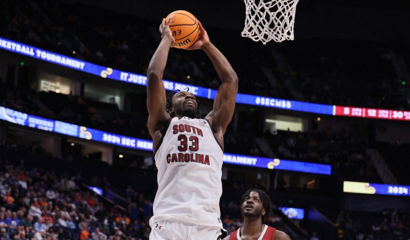 Josh Gray #33 of the South Carolina Gamecocks shoots the ball against the Arkansas Razorbacks in the second half during the second round of the SEC Basketball Tournament at Bridgestone Arena on March 14, 2024 in Nashville, Tennessee. (Photo by Andy Lyons/Getty Images)