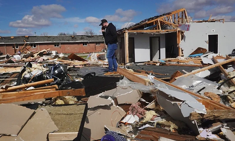 Tornadoes Rip Through Midwest, Leaving Damage And Deaths In Ohio And Indiana WINCHESTER, INDIANA - MARCH 15: Pastor Matthew Holloway surveys damage to his church after the structure was leveled by a tornado on March 15, 2024 in Winchester, Indiana. At least three people have been reported dead after a series of tornadoes ripped through the Midwest yesterday. (Photo by Scott Olson/Getty Images)