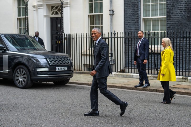 LONDON, ENGLAND - MARCH 18: Former United States President Barack Obama and Jane Hartley, the U.S Ambassador to the United Kingdom, leave 10 Downing Street after meeting UK Prime Minister, Rishi Sunak, on March 18, 2024 in London, England. President Obama has been in Europe this week and appeared at a moderated debate 