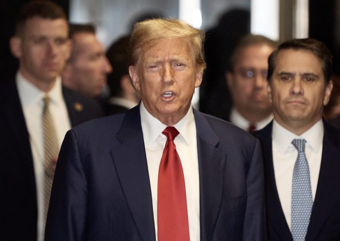 NEW YORK, NEW YORK - MARCH 25: Former U.S. President Donald Trump makes comments following a pre-trial hearing in a hash money case in criminal court on March 25, 2024 in New York City. Trump was charged with 34 counts of falsifying business records last year, which prosecutors say was an effort to hide a potential sex scandal, both before and after the 2016 election. Judge Juan Merchan is expected to set a new start date for the trial after it was delayed following the disclosure of new documents in the case. (Photo by Curtis Means-Pool/Getty Images)