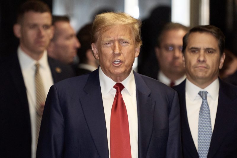 NEW YORK, NEW YORK - MARCH 25: Former U.S. President Donald Trump makes comments following a pre-trial hearing in a hash money case in criminal court on March 25, 2024 in New York City. Trump was charged with 34 counts of falsifying business records last year, which prosecutors say was an effort to hide a potential sex scandal, both before and after the 2016 election. Judge Juan Merchan is expected to set a new start date for the trial after it was delayed following the disclosure of new documents in the case. (Photo by Curtis Means-Pool/Getty Images)