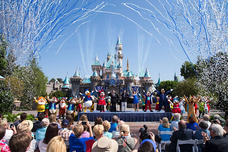 Disneyland Turns 60
ANAHEIM, CA - JULY 17: In this handout photo provided by Disney parks, Mickey Mouse and his friends celebrate the 60th anniversary of Disneyland park during a ceremony at Sleeping Beauty Castle featuring Academy Award-winning composer, Richard Sherman and Broadway actress and singer Ashley Brown July 17, 2015 in Anaheim, California. Celebrating six decades of magic, the Disneyland Resort Diamond Celebration features three new nighttime spectaculars that immerse guests in the worlds of Disney stories like never before with 