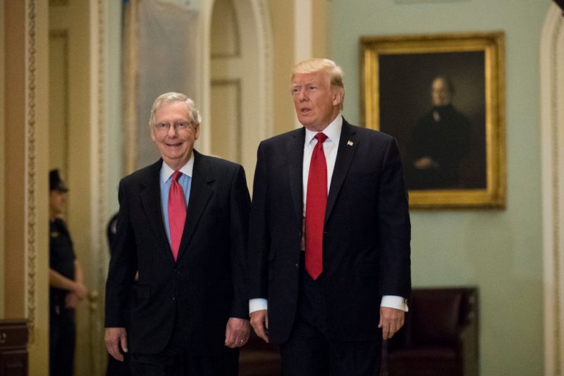 WASHINGTON, DC - OCTOBER 24: U.S. President Donald Trump (R) and Senate Majority Leader Mitch McConnell (R-KY) walk to a lunch with Senate Republicans on Capitol Hill, October 24, 2017 in Washington, DC. Trump joined the senators to talk about upcoming legislation, including the proposed GOP tax cuts and reform. (Photo by Drew Angerer/Getty Images)