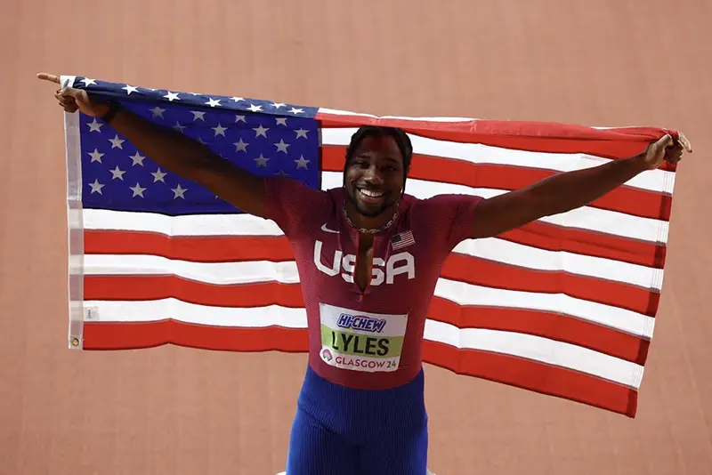 Noah Lyles of the U.S. celebrates after finishing the men's 60m final in second place REUTERS/Hannah Mckay