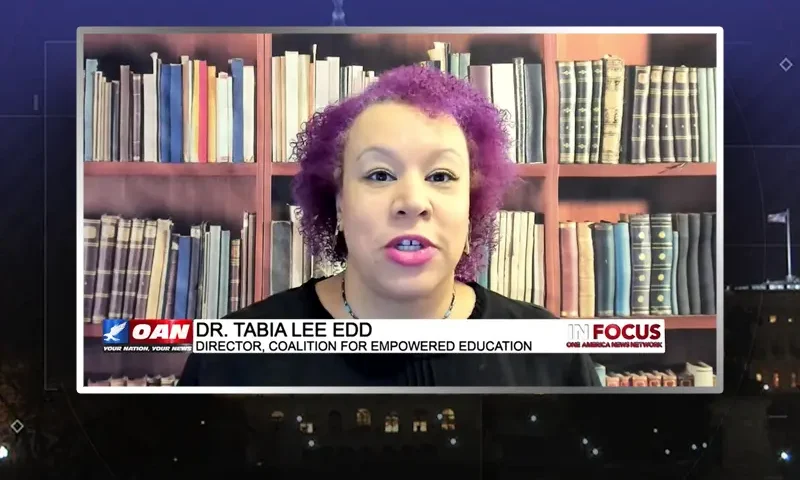 Video still from In Focus on One America News Network during an interview with the guest, Dr. Tabia Lee.