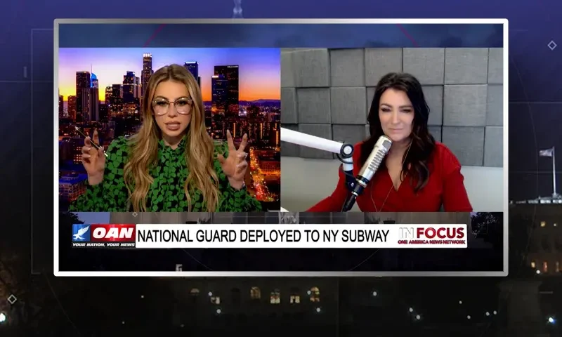 Video still from In Focus on One America News Network showing a split screen of the host on the left side, and on the right side is the guest, Kate Dalley.