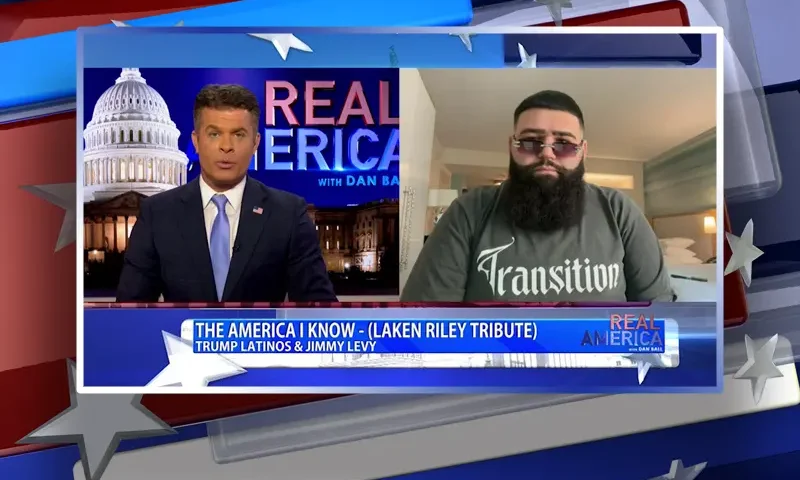 Video still from Real America on One America News Network showing a split screen of the host on the left side, and on the right side is the guest, Jimmy Levy.