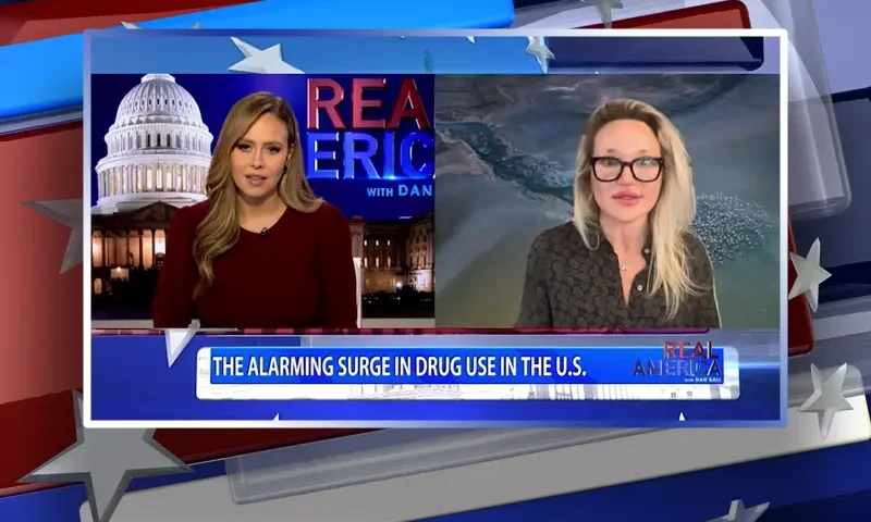 Video still from Real America on One America News Network showing a split screen of the host on the left side, and on the right side is the guest, Jacqueline Toboroff.