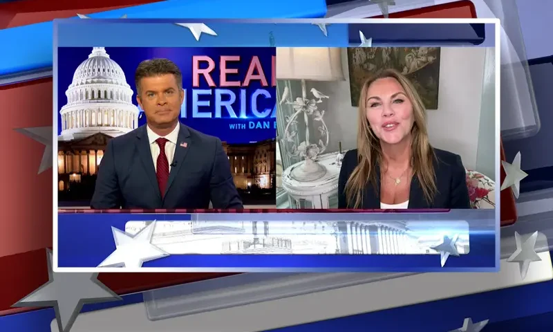 Video still from Real America on One America News Network during an interview with the guest, Lara Logan.