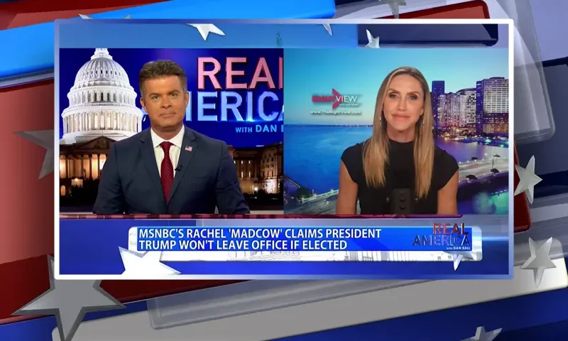 Video still from Real America on One America News Network showing a split screen of the host on the left side, and on the right side is the guest, Lara Trump.