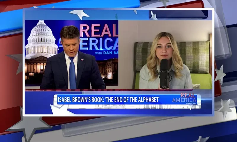 Video still from Real America on One America News Network showing a split screen of the host on the left side, and on the right side is the guest, Isabel Brown.