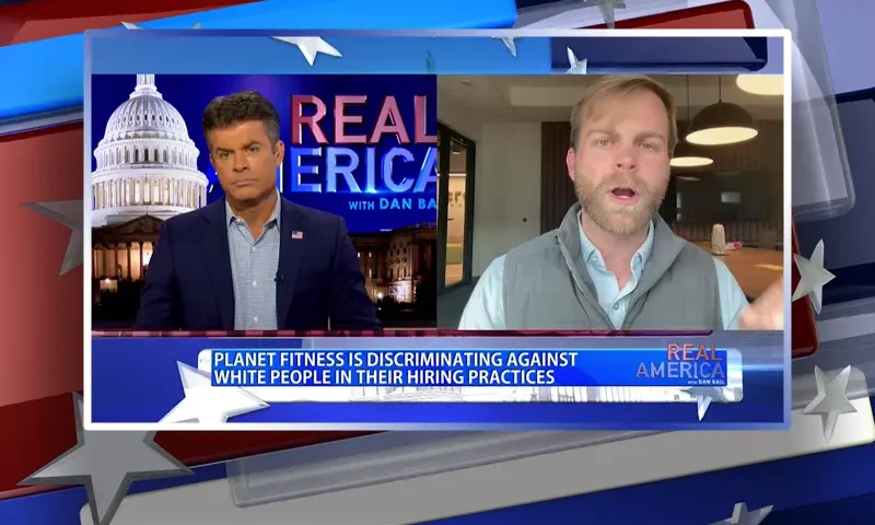 Video still from Real America on One America News Network showing a split screen of the host on the left side, and on the right side is the guest, Michael Seifert.