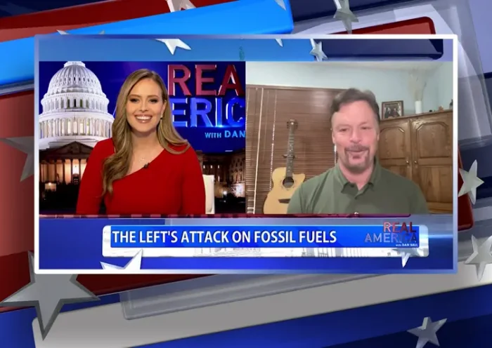 Video still from Real America on One America News Network showing a split screen of the host on the left side, and on the right side is the guest, Craig Rucker.