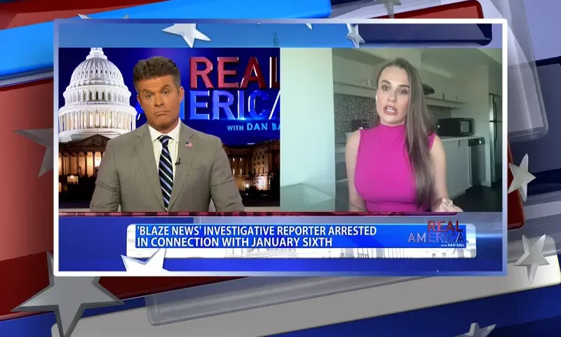 Video still from Real America on One America News Network showing a split screen of the host on the left side, and on the right side is the guest, Breanna Morello.