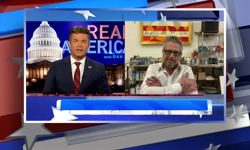 Video still from Real America on One America News Network showing a split screen of the host on the left side, and on the right side is the guest, Scott LoBaido.