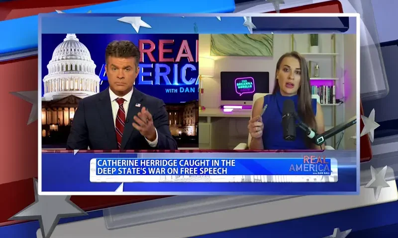 Video still from Real America on One America News Network showing a split screen of the host on the left side, and on the right side is the guest, Breanna Morello.