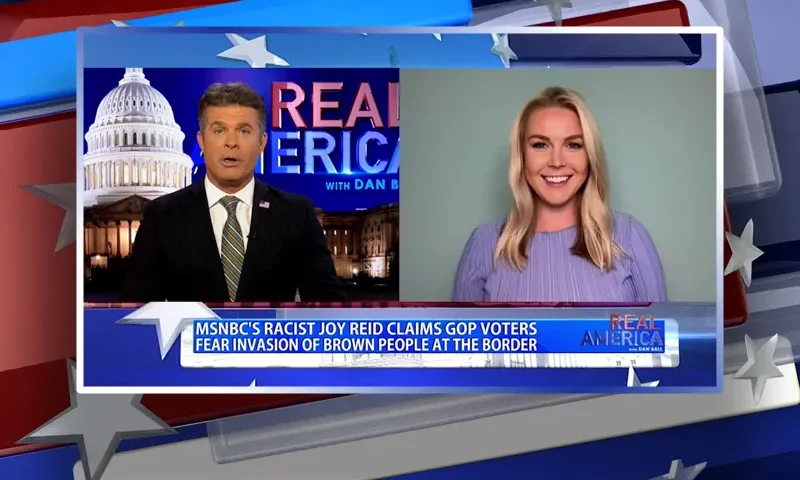 Video still from Real America on One America News Network showing a split screen of the host on the left side, and on the right side is the guest, Karoline Leavitt.
