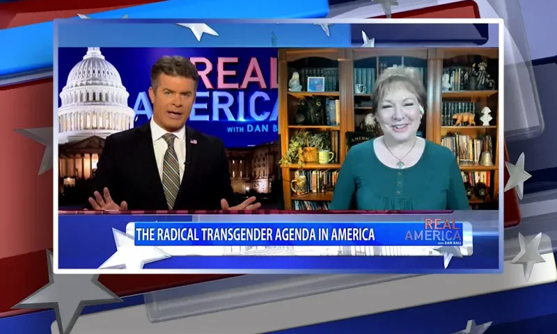 Video still from Real America on One America News Network showing a split screen of the host on the left side, and on the right side is the guest, Kimberly Fletcher.