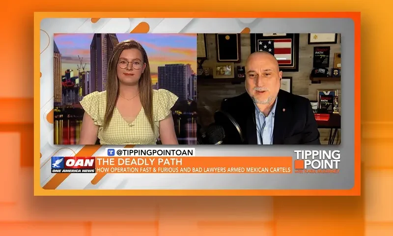 Video still from Tipping Point on One America News Network showing a split screen of the host on the left side, and on the right side is the guest, Peter Forcelli.