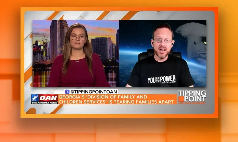 Video still from Tipping Point on One America News Network showing a split screen of the host on the left side, and on the right side is the guest, Spike Cohen.