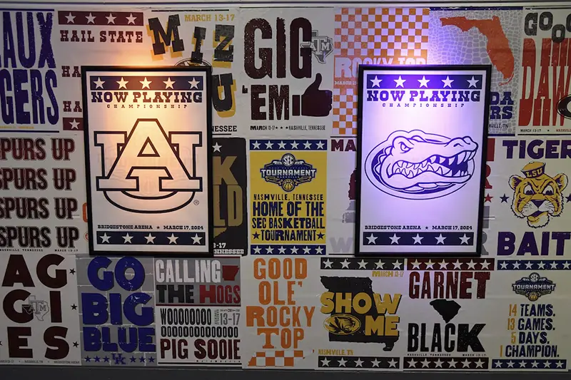 Hatch Show Print designs displayed before the SEC Tournament Championship between the Auburn Tigers and the Florida Gators at Bridgestone Arena. Mandatory Credit: Christopher Hanewinckel-USA TODAY Sports