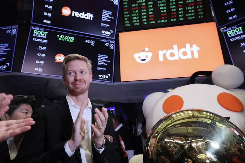 CEO of Reddit Steve Huffman reacts at the New York Stock Exchange (NYSE) to celebrate the company's initial public offering (IPO) in New York City, U.S., March 21, 2024. REUTERS/Brendan McDermid