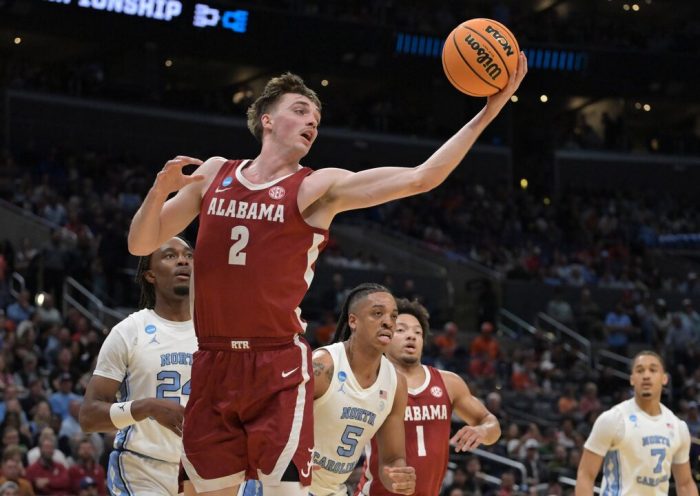 Alabama Crimson Tide forward Grant Nelson (2) grabs a rebound in the first half against the North Carolina Tar Heels in the semifinals of the West Regional of the 2024 NCAA Tournament at Crypto.com Arena. Mandatory Credit: Jayne Kamin-Oncea-USA TODAY Sports