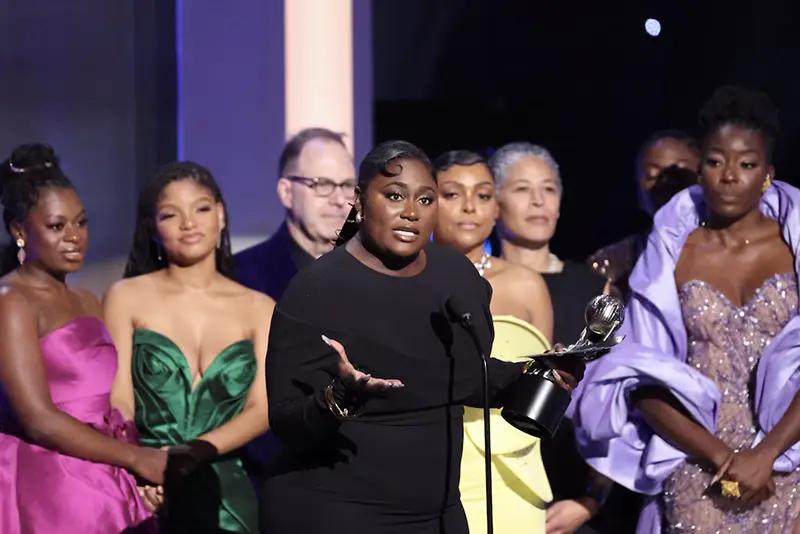 Danielle Brooks speaks as the cast members react while accepting the Outstanding Motion Picture award for "The Color Purple" at the 55th NAACP Image Awards at Shrine Auditorium in Los Angeles, California, U.S., March 16, 2024. REUTERS/Mario Anzuoni