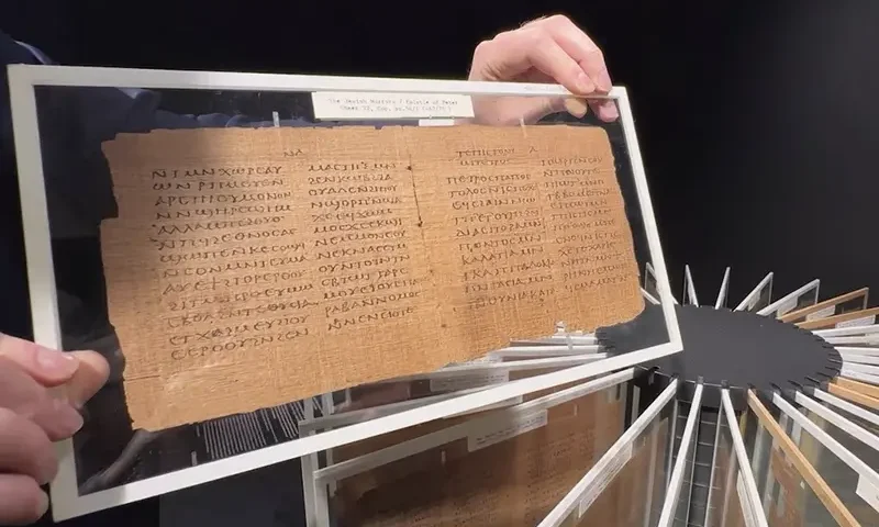 A person shows one of the oldest books in existence, the Crosby-Schoyen Codex, which is expected to fetch over $2.6 million at auction, in New York, U.S., April 2, 2024. REUTERS/Andrew Hofstetter