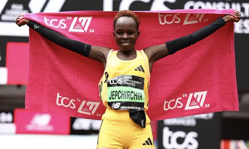 Kenya's Peres Jepchirchir celebrates after winning the women's elite race REUTERS/Matthew Childs