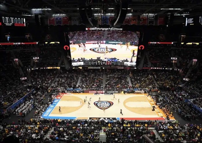 A general overall view of the 2024 NCAA Tournament Women's Final Four championship game between the South Carolina Gamecocks and the Iowa Hawkeyes at Rocket Mortgage FieldHouse. Mandatory Credit: Kirby Lee-USA TODAY Sports
