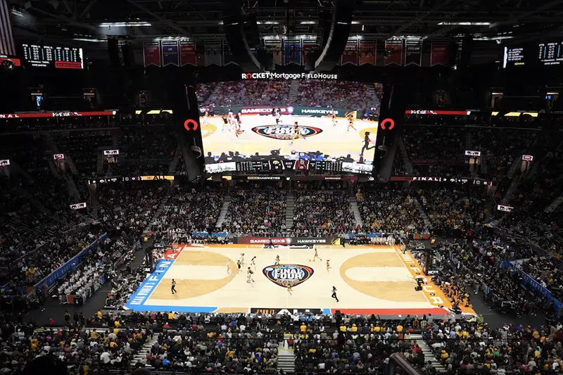 A general overall view of the 2024 NCAA Tournament Women's Final Four championship game between the South Carolina Gamecocks and the Iowa Hawkeyes at Rocket Mortgage FieldHouse. Mandatory Credit: Kirby Lee-USA TODAY Sports