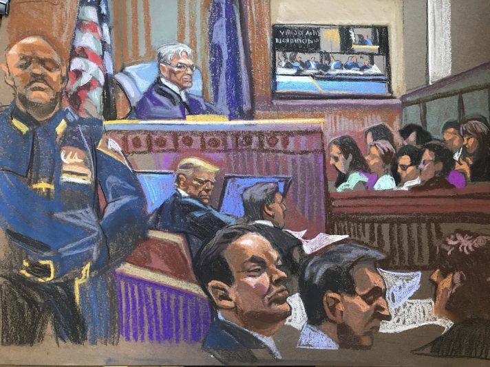 In this courtroom sketch, former President Donald Trump sits beside his lawyer Todd Blanche on the second day of jury selection in his criminal trial in Manhattan criminal court in New York on Tuesday, April 16, 2024. (Christine Cornell via AP Pool)