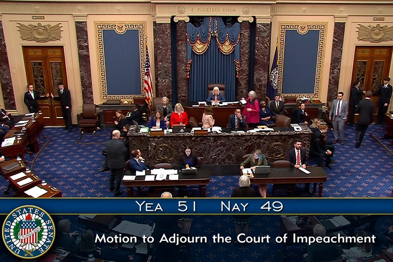 In this image from video from Senate Television, Sen. Patty Murray, D-Wash., presiding over the Senate acting as a court of impeachment, announces the results of the vote to adjourn the court of impeachment, at the impeachment trial of Homeland Security Secretary Alejandro Mayorkas on the Senate floor at the U.S. Capitol, Wednesday, April 17, 2024, in Washington. (Senate Television via AP)