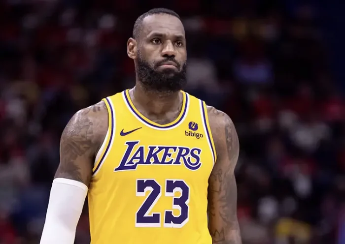 Los Angeles Lakers forward LeBron James (23) looks on against the New Orleans Pelicans during the second half of a play-in game of the 2024 NBA playoffs at Smoothie King Center. Mandatory Credit: Stephen Lew-USA TODAY Sports