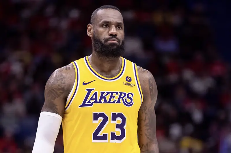 Los Angeles Lakers forward LeBron James (23) looks on against the New Orleans Pelicans during the second half of a play-in game of the 2024 NBA playoffs at Smoothie King Center. Mandatory Credit: Stephen Lew-USA TODAY Sports