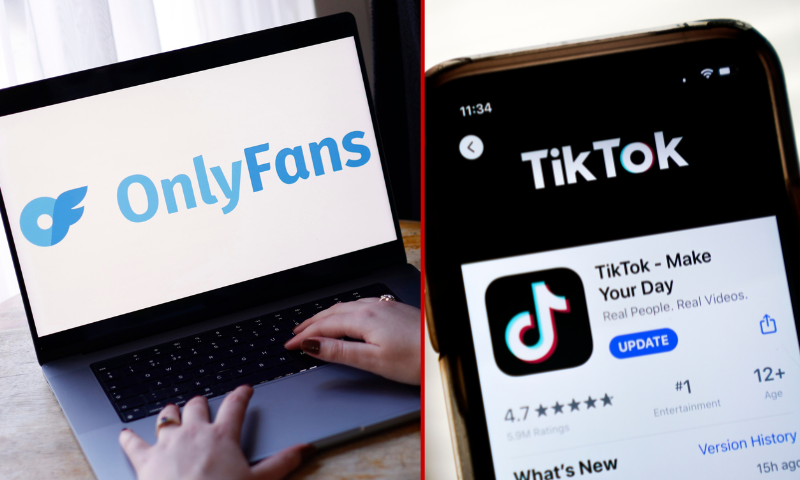 LONDON, ENGLAND - NOVEMBER 16: The OnlyFans Logo is displayed on a laptop at the OnlyFans creative fund filming event on November 16, 2022 in London, England. (Photo by John Phillips/Getty Images for OnlyFans) / (R)WASHINGTON, DC - AUGUST 07: In this photo illustration, the download page for the TikTok app is displayed on an Apple iPhone on August 7, 2020 in Washington, DC. On Thursday evening, President Donald Trump signed an executive order that bans any transactions between the parent company of TikTok, ByteDance, and U.S. citizens due to national security reasons. The president signed a separate executive order banning transactions with China-based tech company Tencent, which owns the app WeChat. Both orders are set to take effect in 45 days. (Photo Illustration by Drew Angerer/Getty Images)