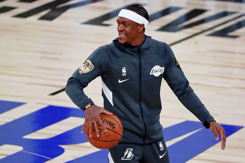 Los Angeles Lakers guard Rajon Rondo (9) looks on during warmups before game three of the 2020 NBA Finals against the Miami Heat at AdventHealth Arena. Mandatory Credit: Kim Klement-USA TODAY Sports