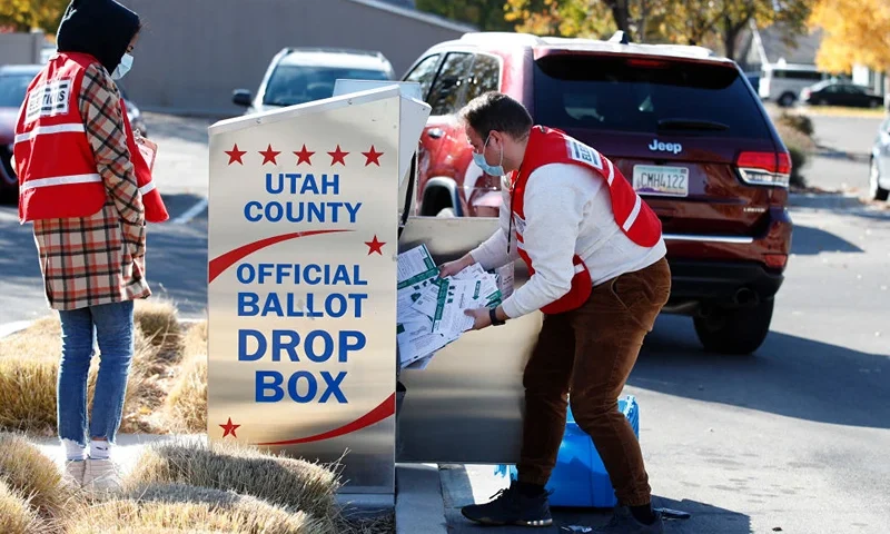 SPRINGVILLE, UT - OCTOBER 26: Utah County Election workers gather ballots from a drop box on October 26, 2020 in Springville, Utah. Utah is one of several states that has recently moved to mail-in ballots for presidential elections. (Photo by George Frey/Getty Images)