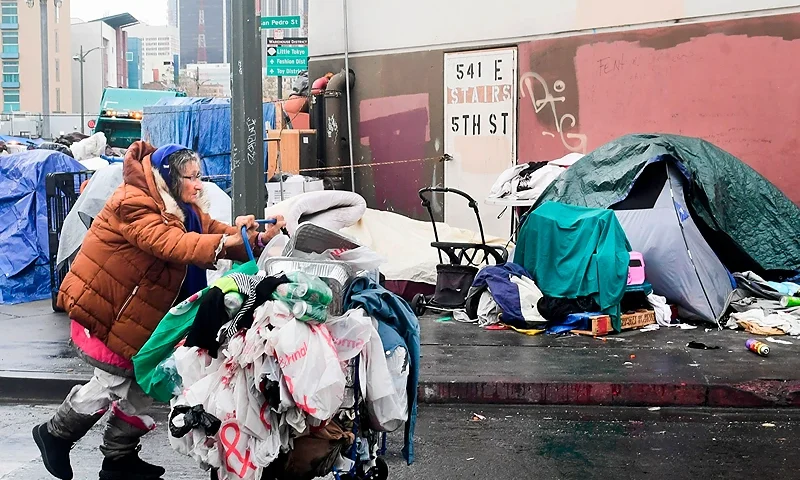 A homeless woman pushes her belongings past a row of tents on the streets of Los Angeles, California on February 1, 2021. - The federal judge overseeing attempts to resolve the homeless situation has called for an urgent meeting to discuss worsening conditions and the poor official response. Combined now with the coronaviruspandemic and worsening mental health and substance abuse issues, US District Judge David Carter who toured Skid Row last week likened the situation to "a significant natural disaster in Southern California with no end in sight." (Photo by Frederic J. BROWN / AFP) (Photo by FREDERIC J. BROWN/AFP via Getty Images)