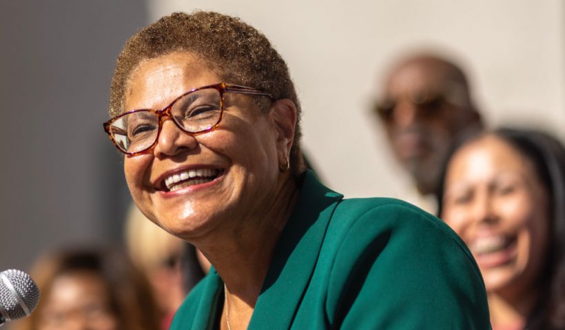 LOS ANGELES, CA - NOVEMBER 17: Los Angeles Mayor-elect Karen Bass addresses a news conference after her L.A. mayoral election win on November 17, 2022 in Los Angeles, California. Congressmember Karen Bass ran a close race against billionaire businessman Rick Caruso. (Photo by David McNew/Getty Images)