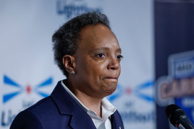 CHICAGO, IL - FEBRUARY 28: Chicago Mayor Lori Lightfoot reacts as she speaks during election night rally at Mid-America Carpenters Regional Council on February 28, 2023 in Chicago, Illinois. Lightfoot lost in her bid for a second term, trailing former public schools executive Paul Vallas and Brandon Johnson, a county board commissioner, both of whom advance to a runoff election on April 4. (Photo by Kamil Krzaczynski/Getty Images)