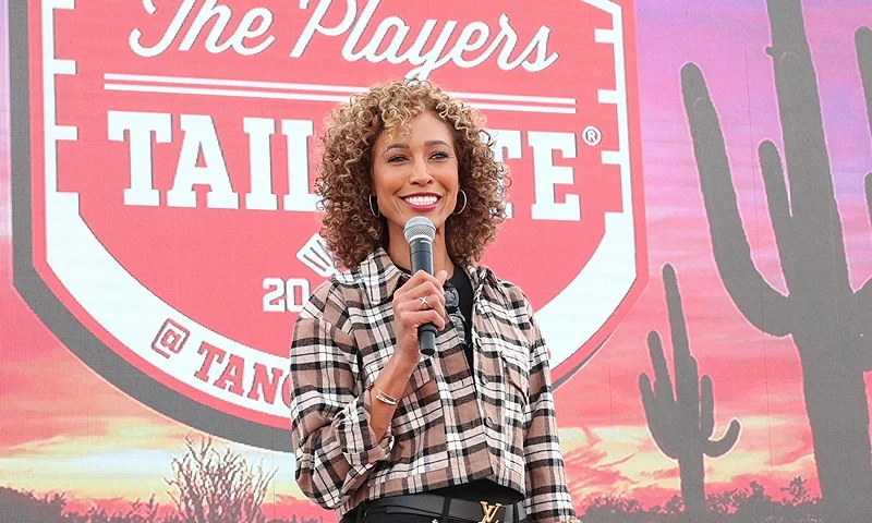 PHOENIX, ARIZONA - FEBRUARY 12: Sage Steele speaks onstage during The Players Tailgate Hosted By Bobby Flay and presented by Bullseye Event Group for Super Bowl LVII on February 12, 2023 in Phoenix, Arizona. (Photo by Jesse Grant/Getty Images for Bullseye Event Group )
