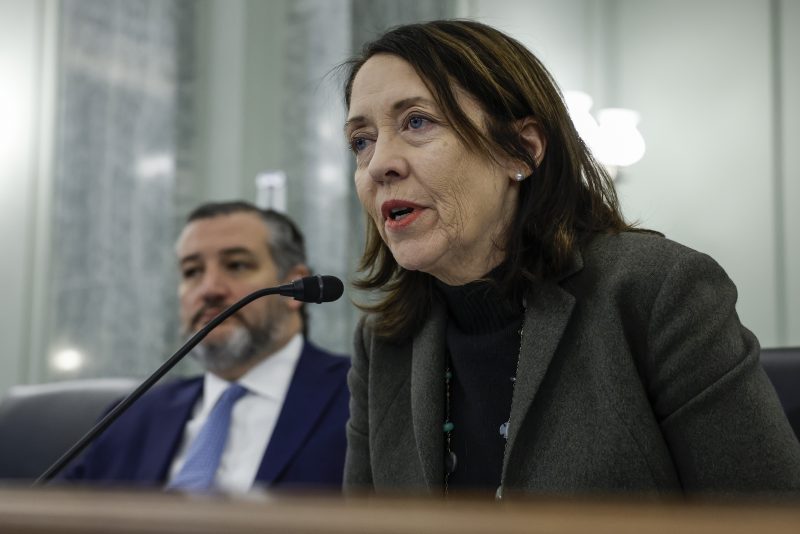 WASHINGTON, DC - MARCH 01: Committee Chairwoman Maria Cantwell (D-WA) speaks during a nomination hearing with the Senate Commerce, Science and Transportation Committee on Capitol Hill on March 01, 2023 in Washington, DC. The committee met to discuss the nomination for Phillip A. Washington to be Administrator of the Federal Aviation Administration. Washington is currently the CEO of the Denver International Airport. (Photo by Anna Moneymaker/Getty Images)