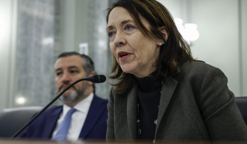 WASHINGTON, DC - MARCH 01: Committee Chairwoman Maria Cantwell (D-WA) speaks during a nomination hearing with the Senate Commerce, Science and Transportation Committee on Capitol Hill on March 01, 2023 in Washington, DC. The committee met to discuss the nomination for Phillip A. Washington to be Administrator of the Federal Aviation Administration. Washington is currently the CEO of the Denver International Airport. (Photo by Anna Moneymaker/Getty Images)