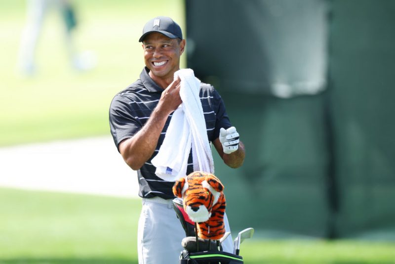 AUGUSTA, GEORGIA - APRIL 02: Tiger Woods of the United States looks on from the practice area prior to the 2023 Masters Tournament at Augusta National Golf Club on April 02, 2023 in Augusta, Georgia. (Photo by Andrew Redington/Getty Images)